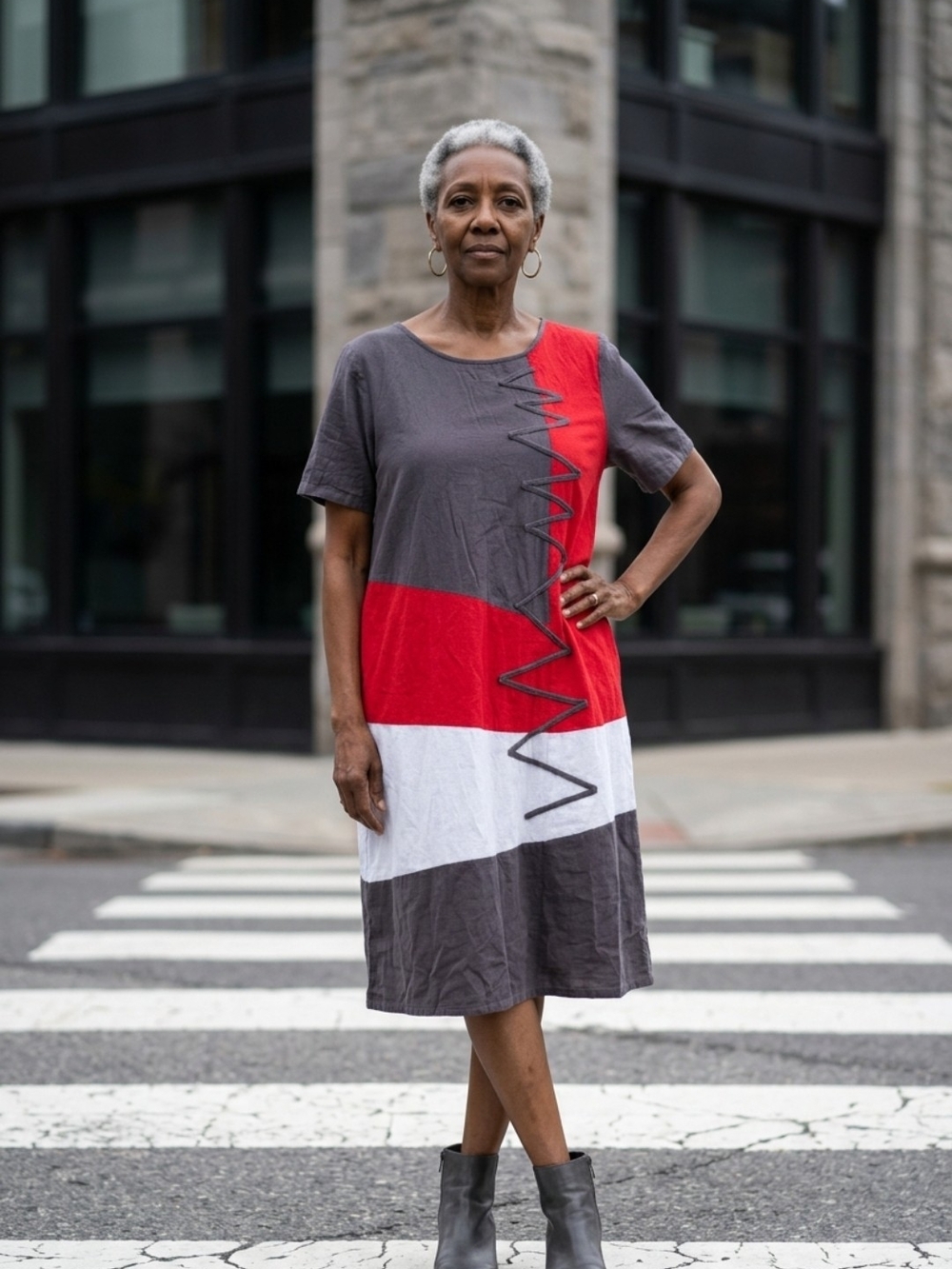 Colorblock Short Sleeve Midi Dress in Gray, Red and White Size XL By Zanzea